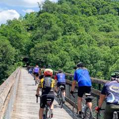 Cyclists crossing Pinkerton Low and High Bridges