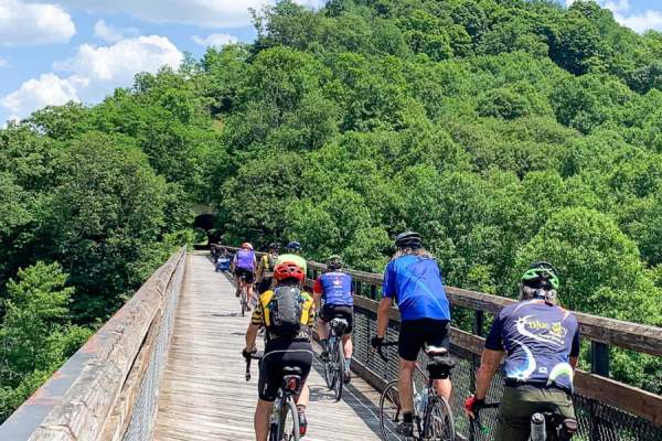 Cyclists crossing Pinkerton Low and High Bridges