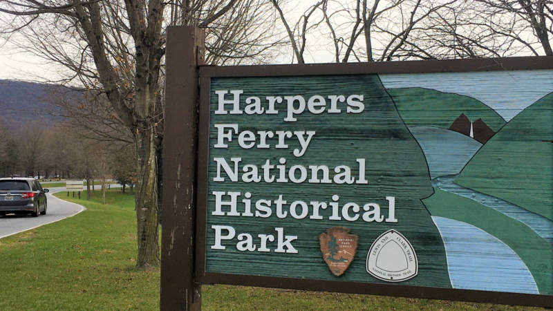 Sign for Harpers Ferry National Historical Park beside road